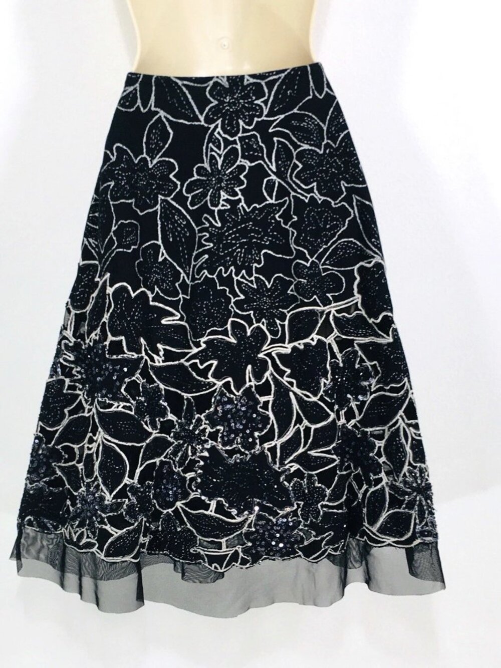 Basil & Maude Beaded Skirt Sz 0 Embroidered Flower Appliqué Tulle Hem Fairy Goth
